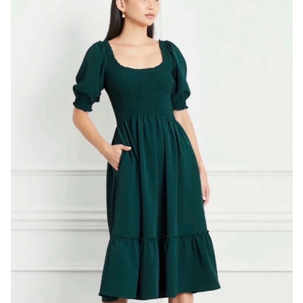 Hill House Smocked Square-Neck Midi Dress in Forest Green